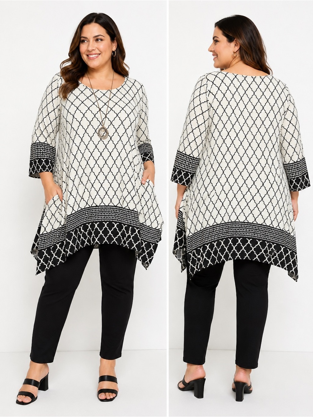 White Mark Black and White Geometric Handkerchief Hem Tunic